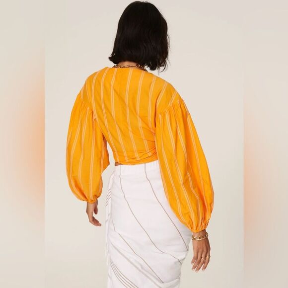 Acler Wyatt Blouse Orange White Stripe Wrap Puff Sleeve Tie Size 2 - Picture 2 of 10